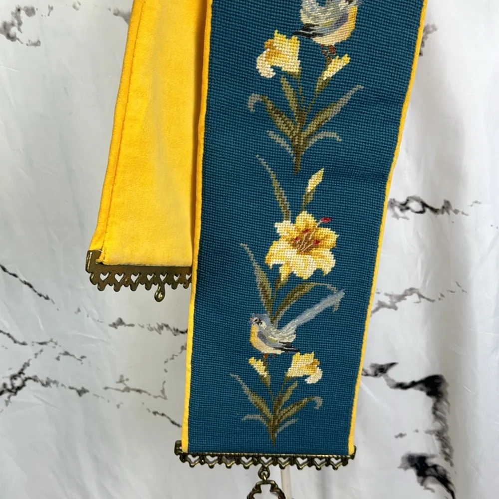 Vintage Petit Point Bell Pull Needle Point Velvet Backed Birds & Flowers Design